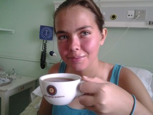 Micah Joy having tea before leaving the hospital